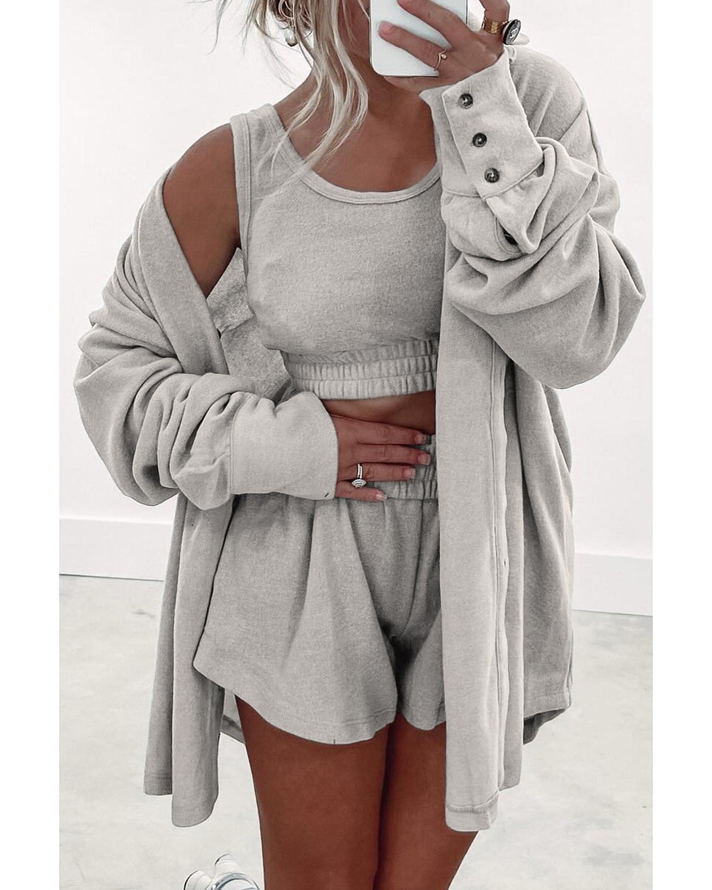 Gray 3 Pcs Crop Tank Top Shorts with Cardigan Lounge Set - S