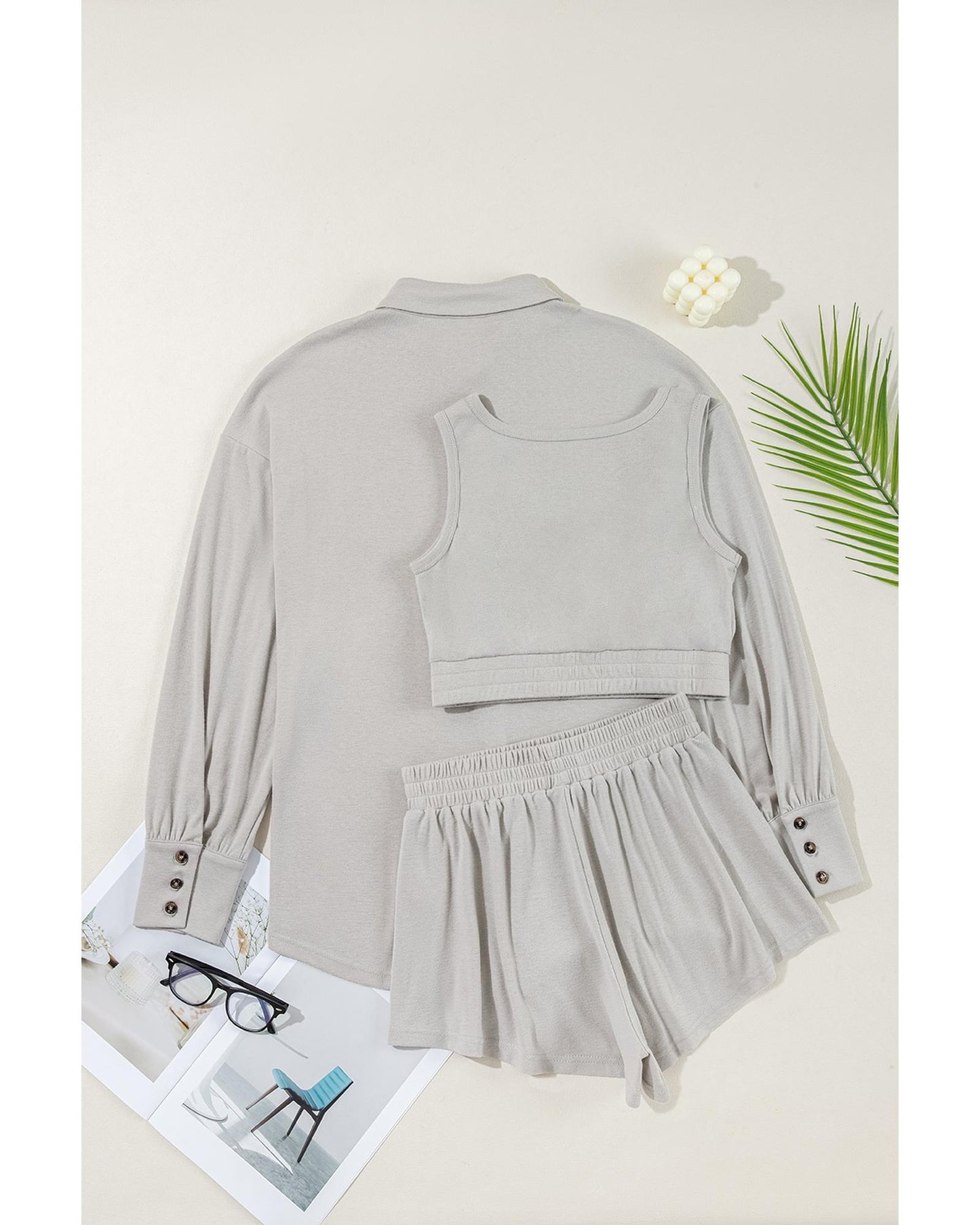 Gray 3 Pcs Crop Tank Top Shorts with Cardigan Lounge Set - S