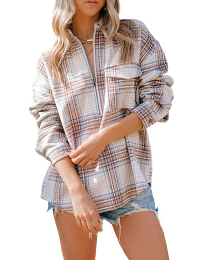 Azura Exchange Plaid Half Zip Sweatshirt with Chest Pocket - L