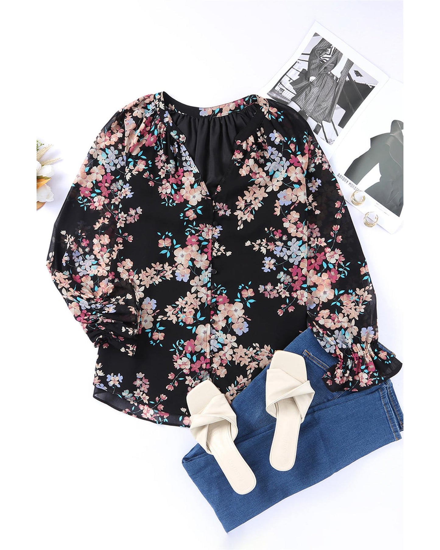 Azura Exchange Wildflower Print Chiffon Blouse - M