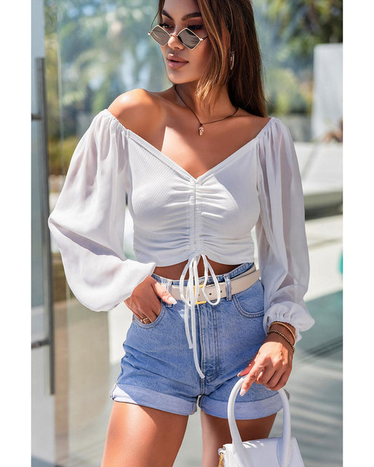 White Drawstring Front Sheer Puff Sleeve Crop Top - 2XL