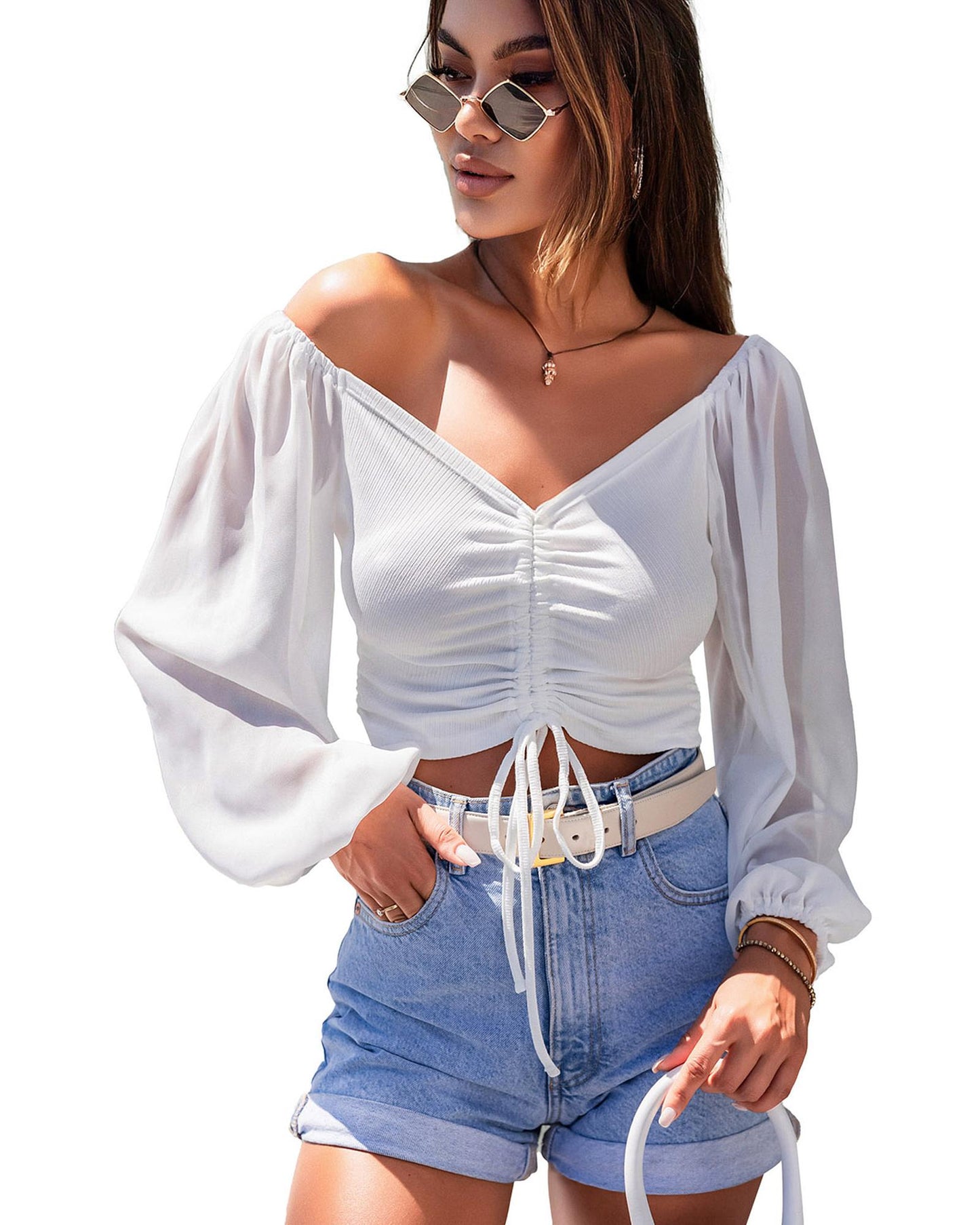 White Drawstring Front Sheer Puff Sleeve Crop Top - 2XL