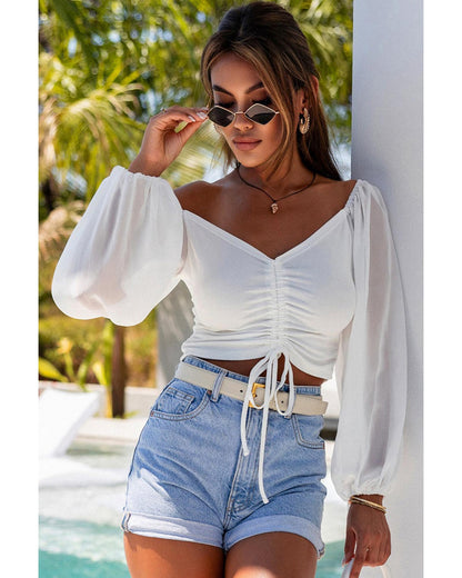 White Drawstring Front Sheer Puff Sleeve Crop Top - XL