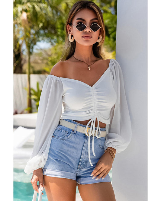 White Drawstring Front Sheer Puff Sleeve Crop Top - XL