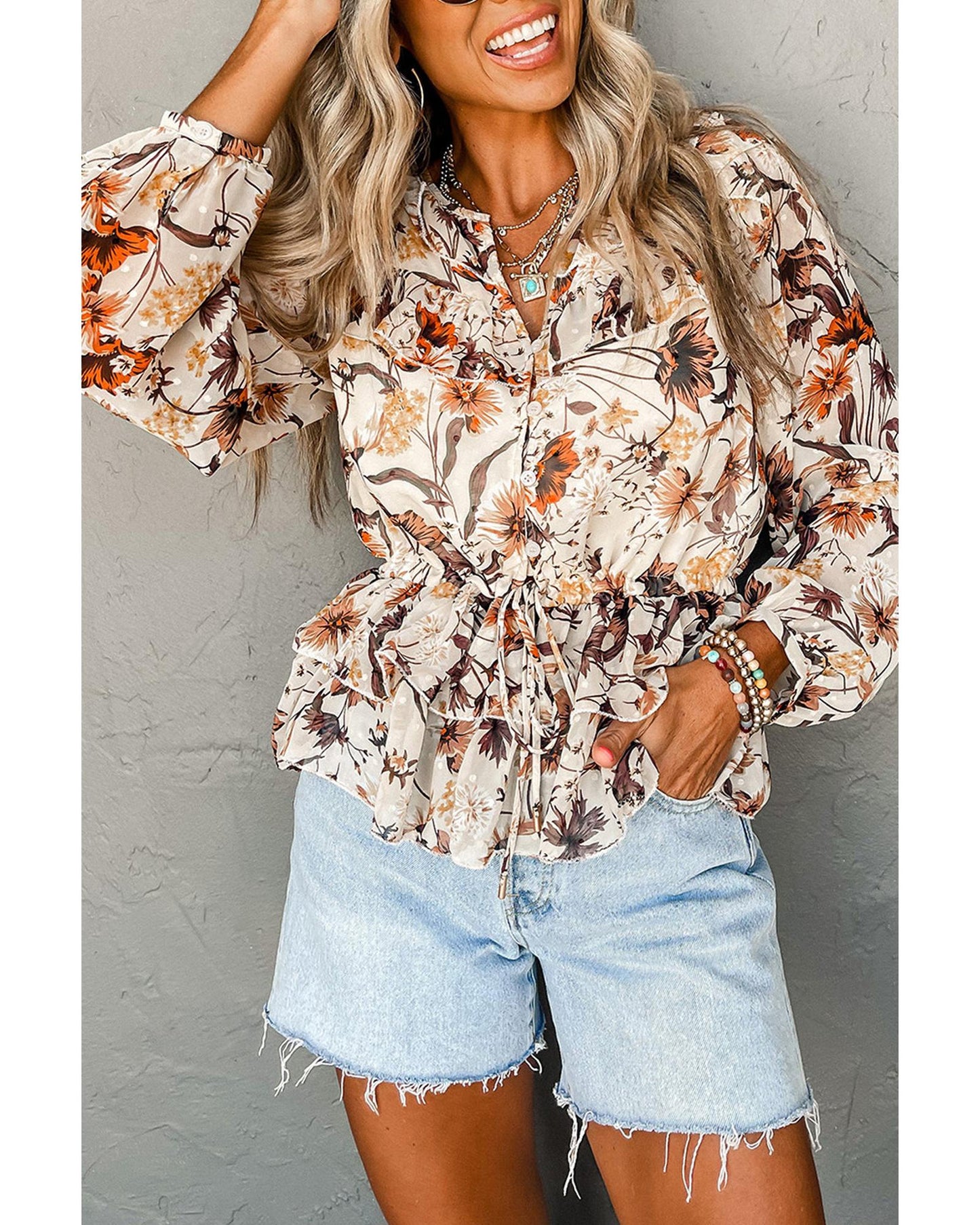 Parchment Floral Buttoned Peplum Top - L