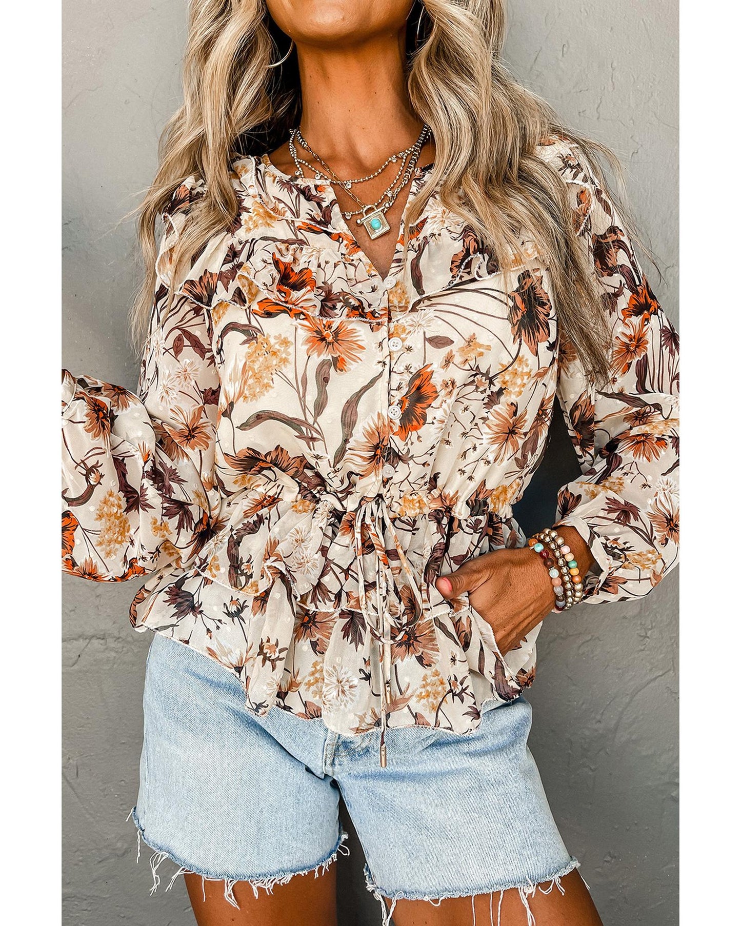 Parchment Floral Buttoned Peplum Top - M