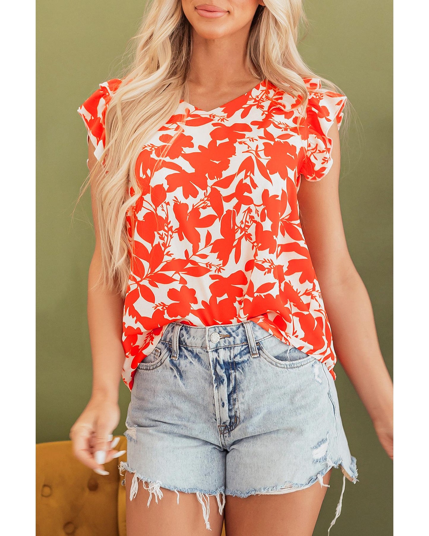 Orange Floral Ruffle Sleeve Print Top - L