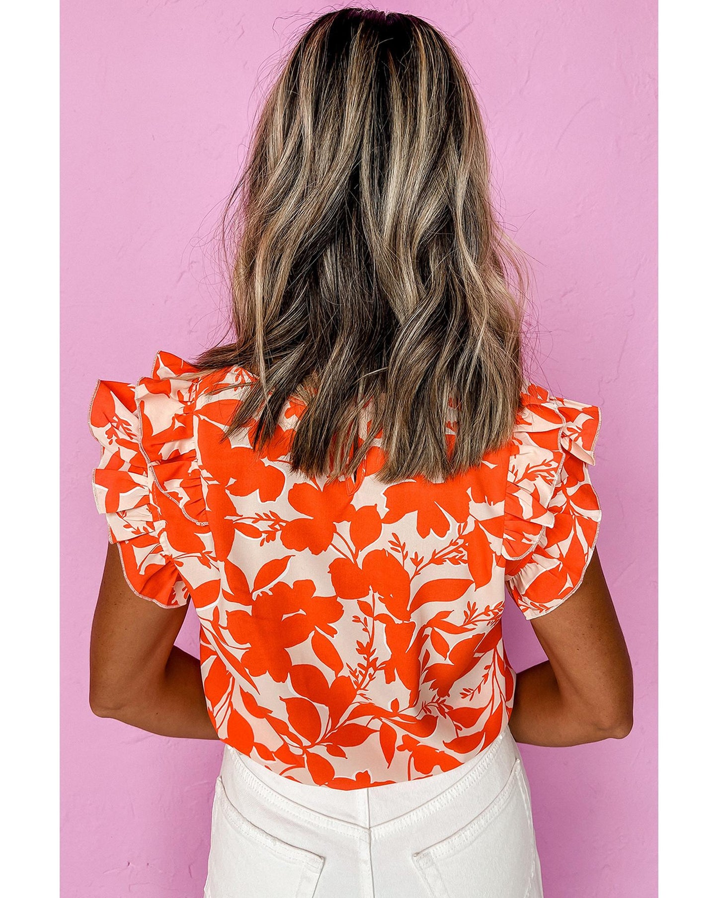 Orange Floral Ruffle Sleeve Print Top - M