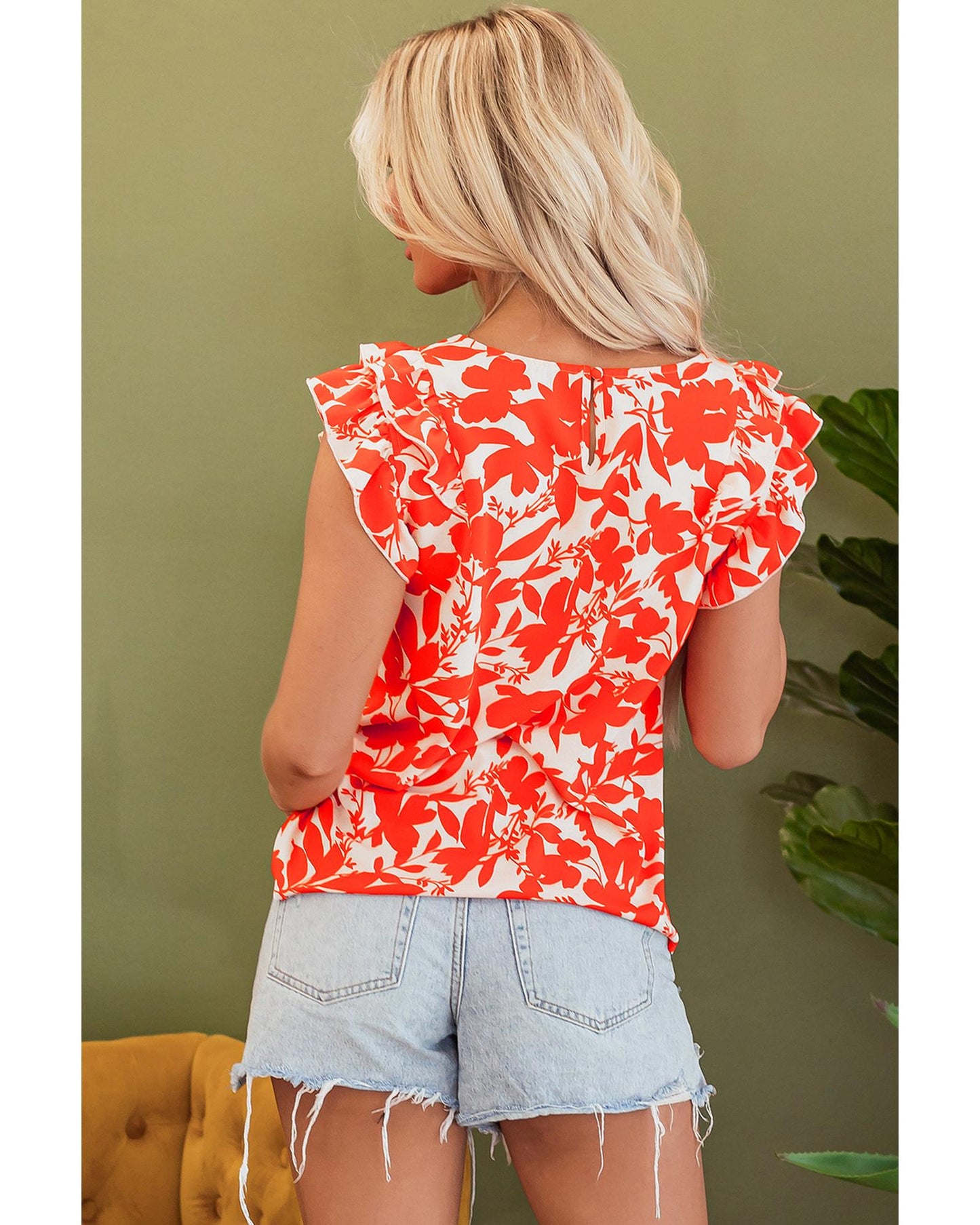 Orange Floral Ruffle Sleeve Print Top - S