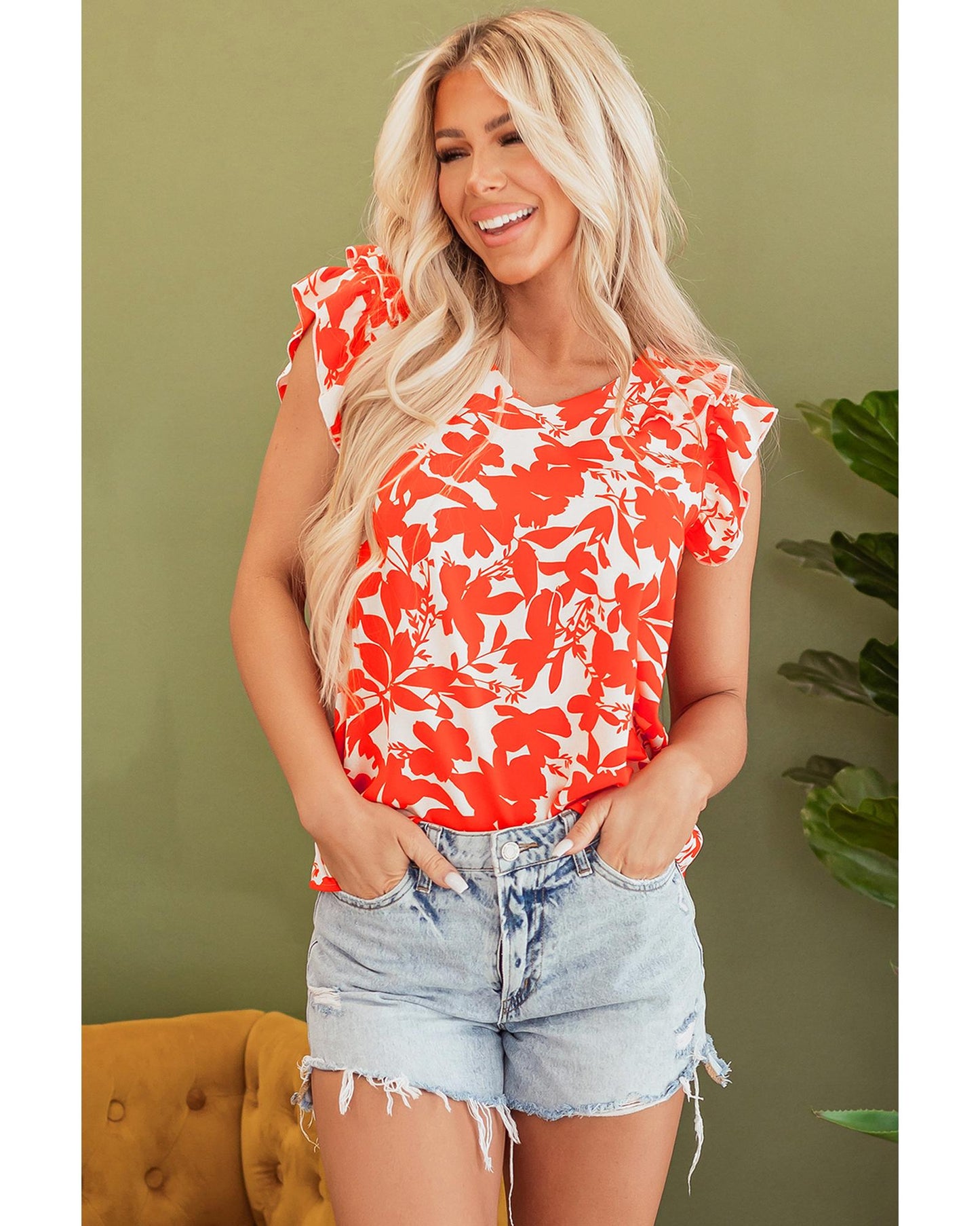 Orange Floral Ruffle Sleeve Print Top - S