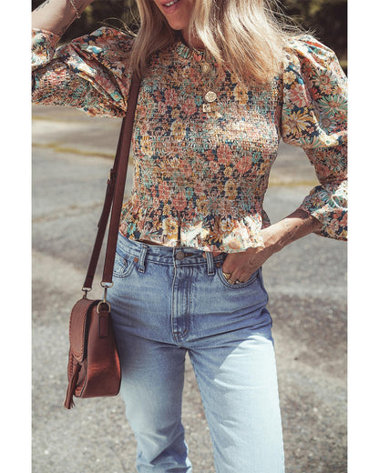 Yellow Floral Print Smocked Bubble Sleeve Ruffled Crop Top - L