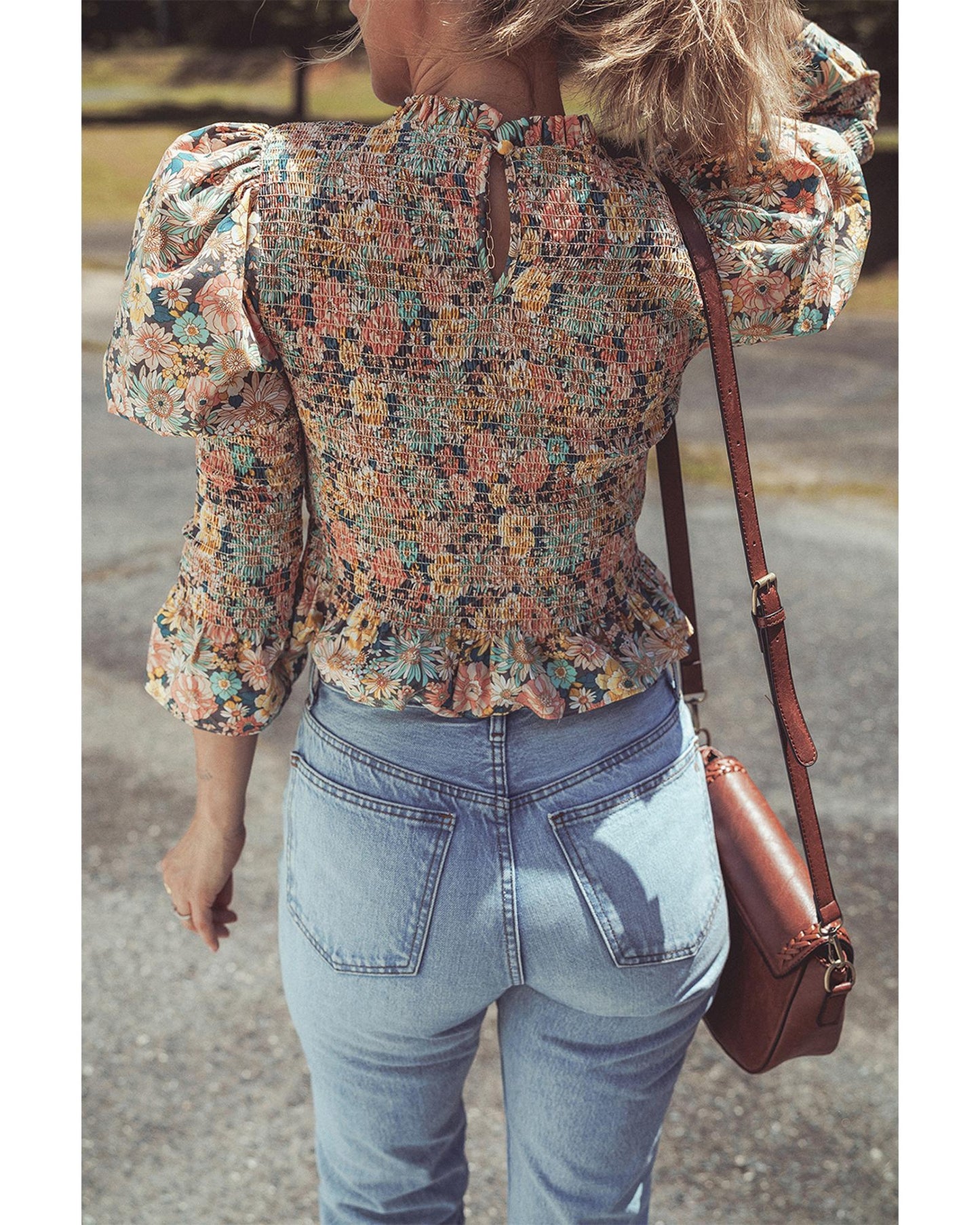 Yellow Floral Print Smocked Bubble Sleeve Ruffled Crop Top - L