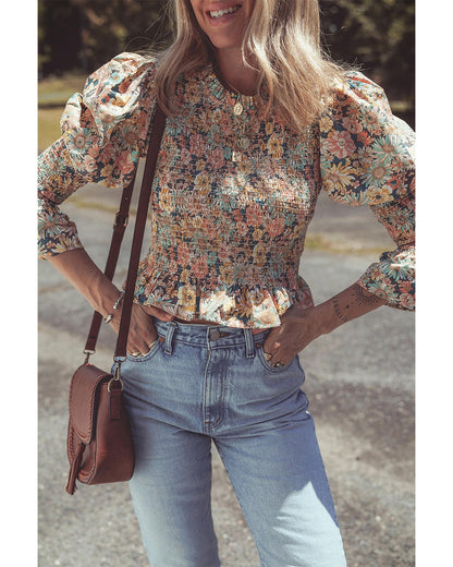 Yellow Floral Print Smocked Bubble Sleeve Ruffled Crop Top - L
