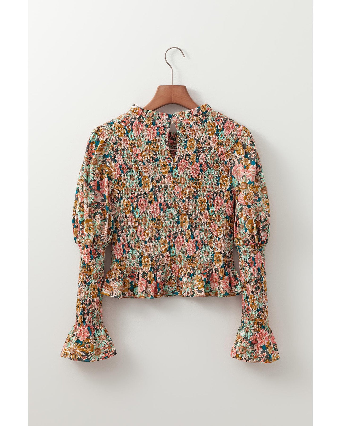 Yellow Floral Print Smocked Bubble Sleeve Ruffled Crop Top - L