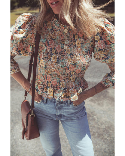 Yellow Floral Print Smocked Bubble Sleeve Ruffled Crop Top - M