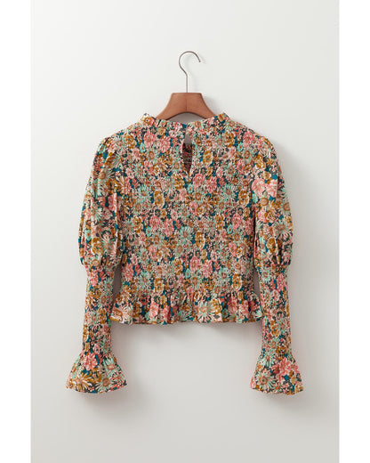 Yellow Floral Print Smocked Bubble Sleeve Ruffled Crop Top - M