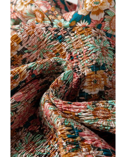 Yellow Floral Print Smocked Bubble Sleeve Ruffled Crop Top - XL