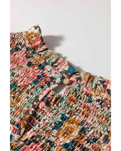 Yellow Floral Print Smocked Bubble Sleeve Ruffled Crop Top - XL