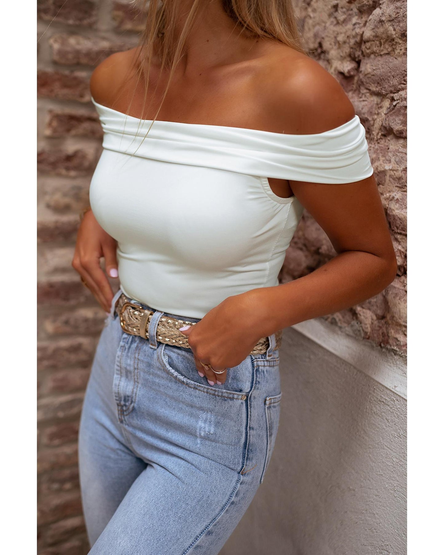 White Folded Off Shoulder Slim Top - XL
