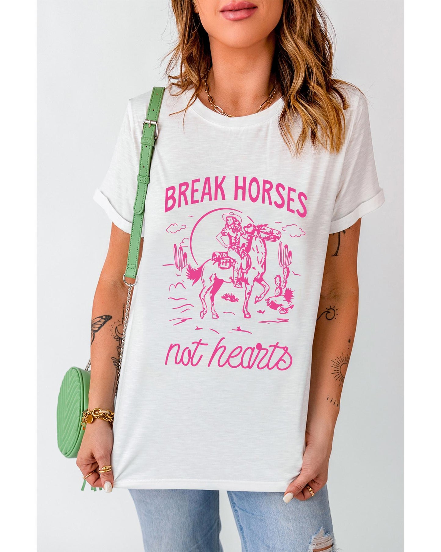 White Western BREAK HORSES Cowboy Graphic Crewneck T Shirt - 2XL