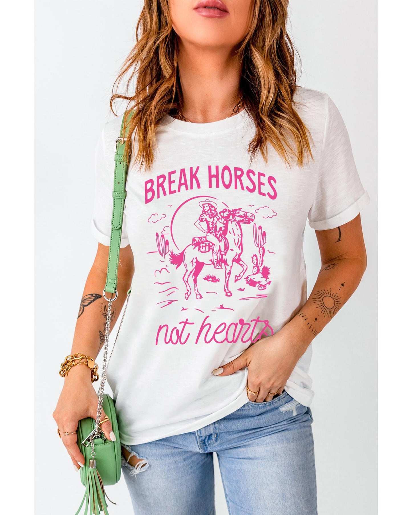 White Western BREAK HORSES Cowboy Graphic Crewneck T Shirt - 2XL