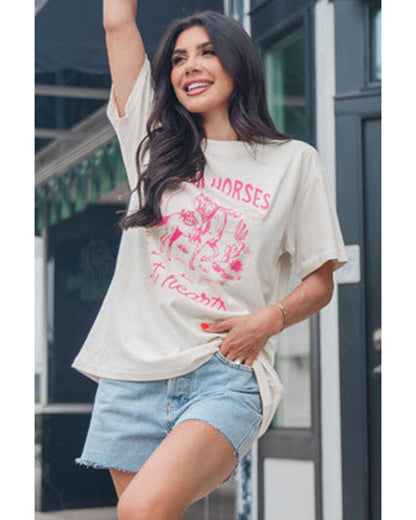 White Western BREAK HORSES Cowboy Graphic Crewneck T Shirt - XL