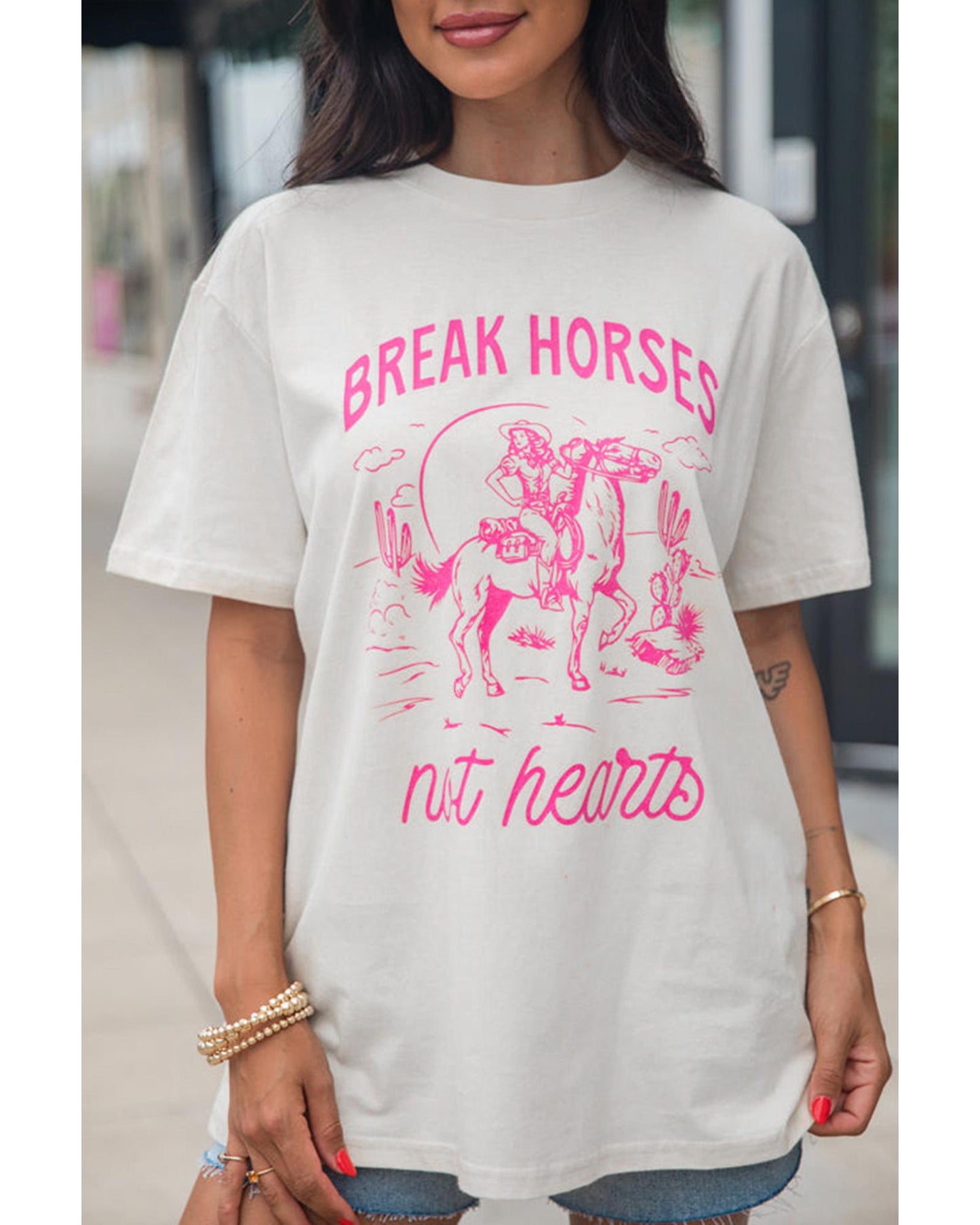 White Western BREAK HORSES Cowboy Graphic Crewneck T Shirt - XL
