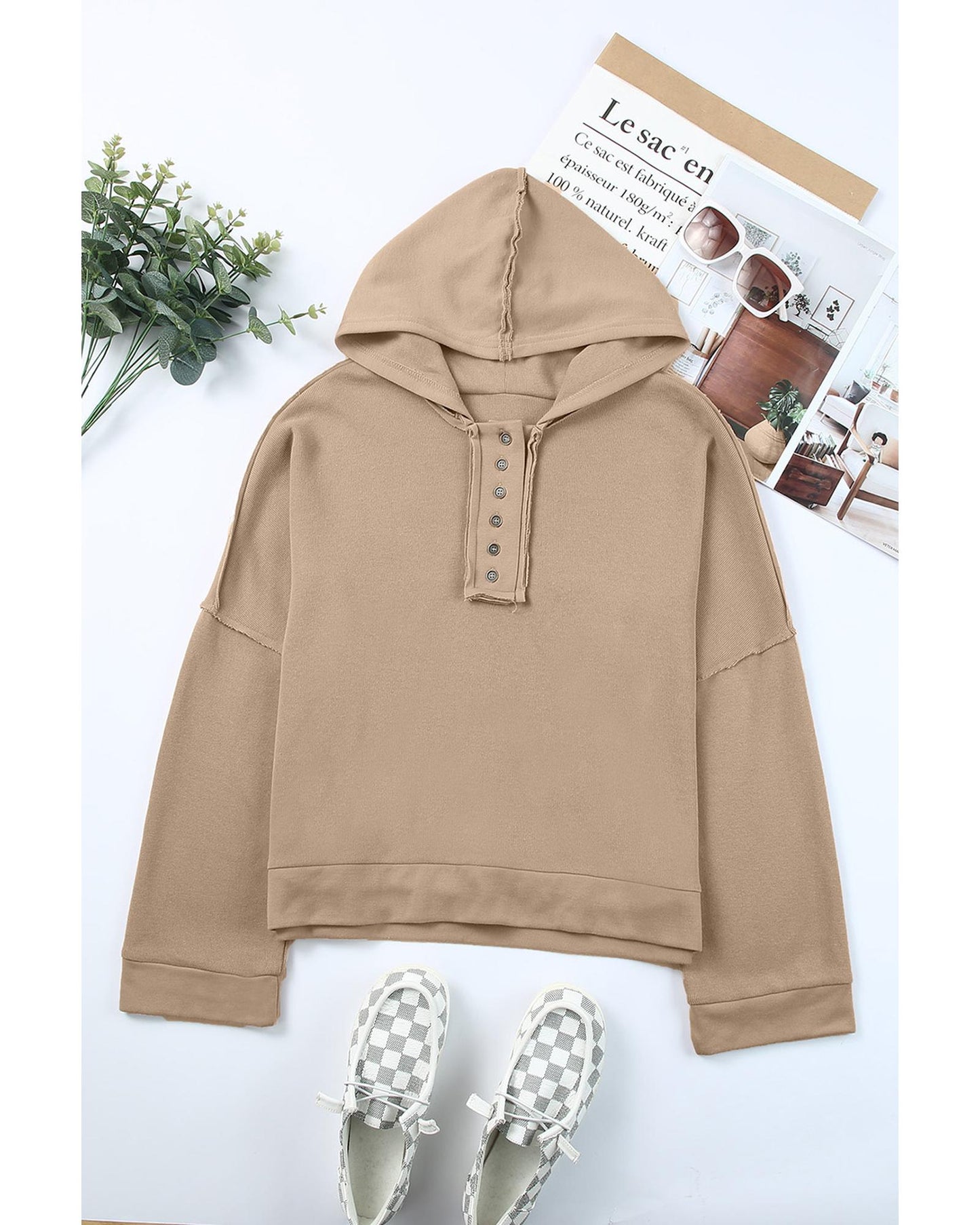 Azura Exchange Casual Khaki Hoodie with Patchwork Trim - M