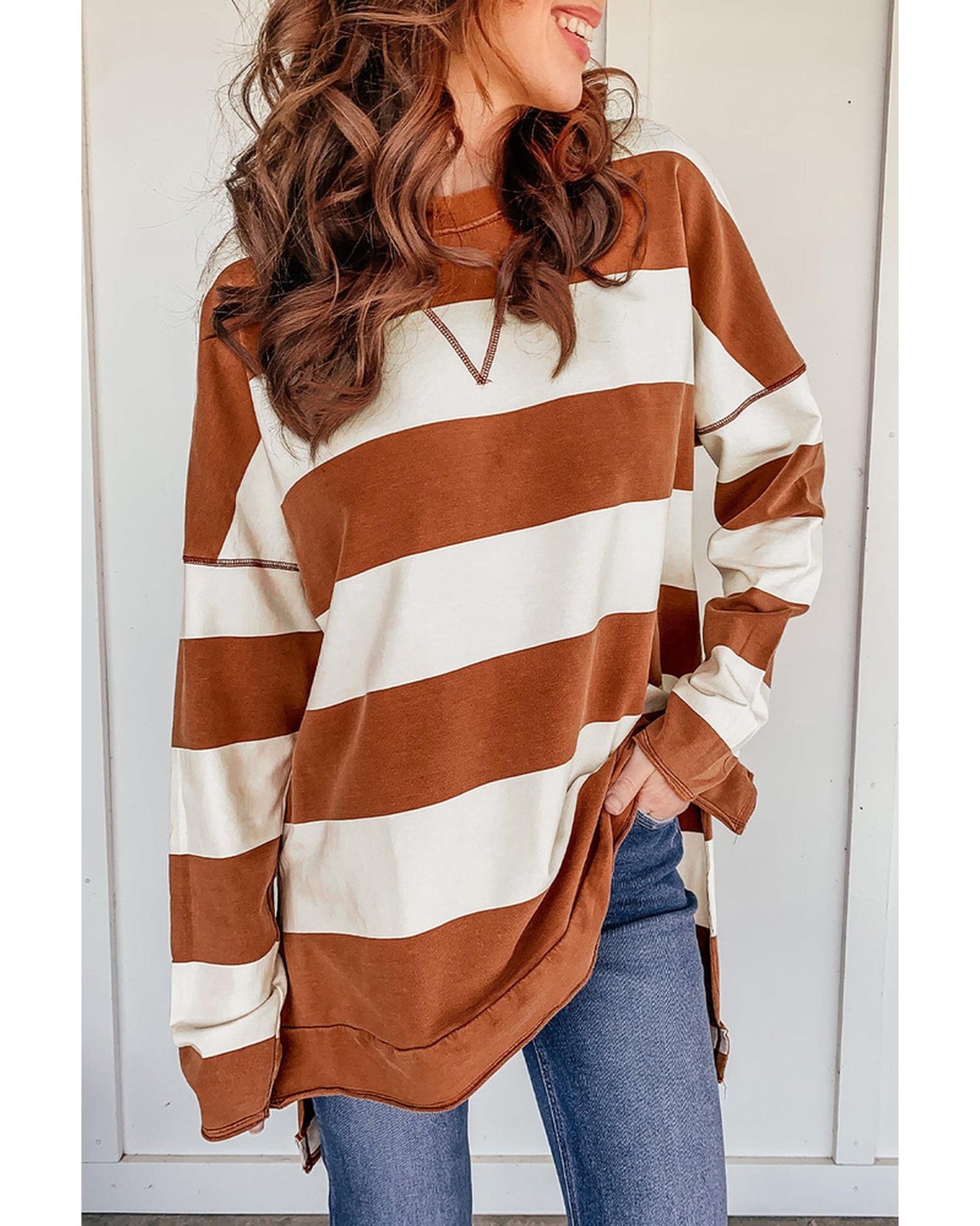 Azura Exchange Drop Shoulder Striped Sweatshirt - M