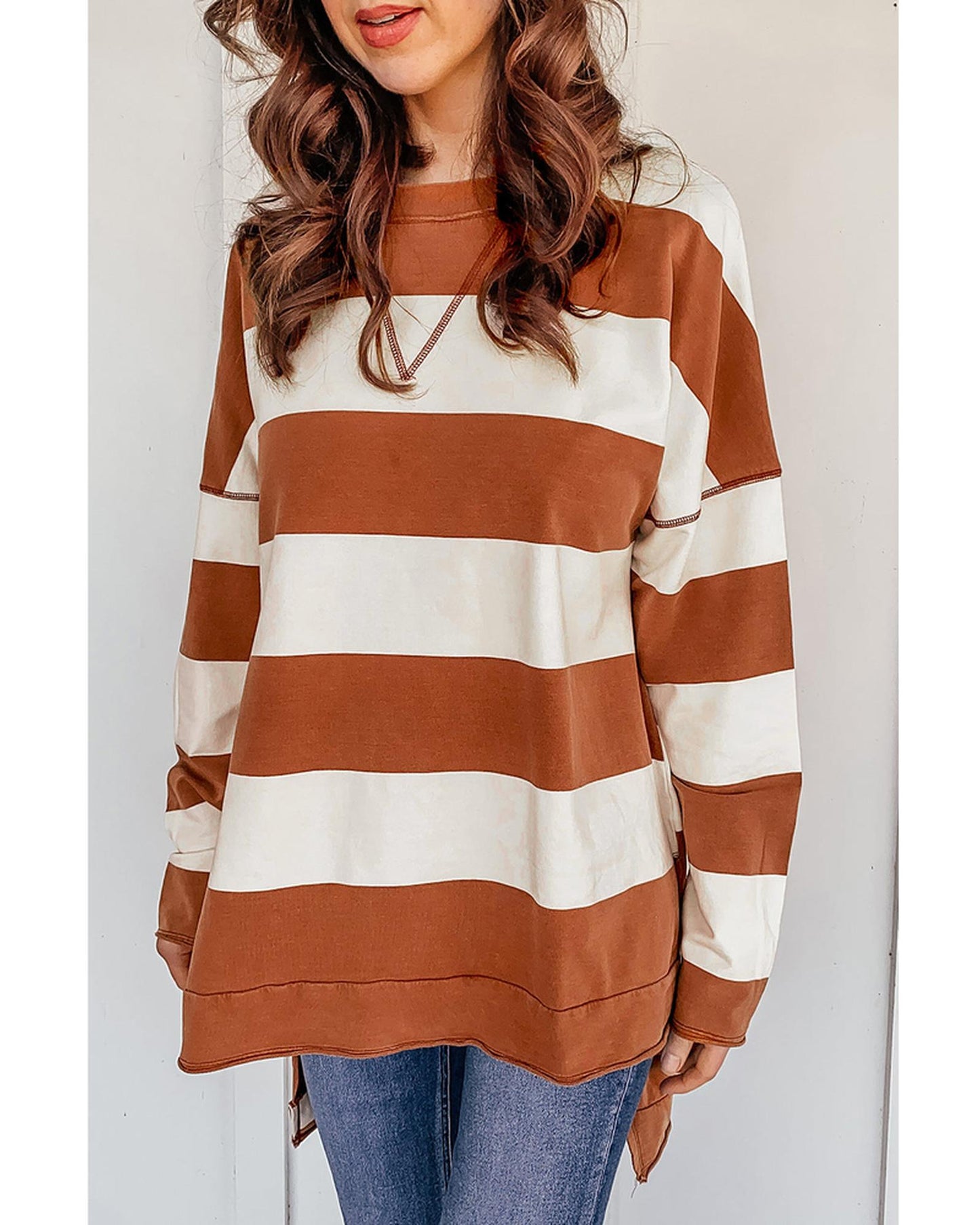 Azura Exchange Drop Shoulder Striped Sweatshirt - S