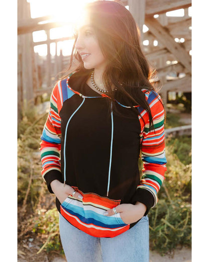 Azura Exchange Striped Patchwork Kangaroo Pocket Hoodie - L