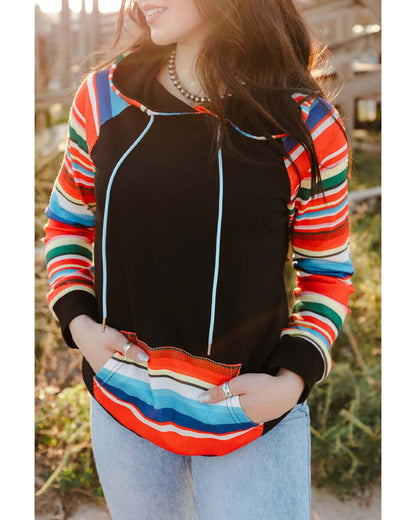 Azura Exchange Striped Patchwork Kangaroo Pocket Hoodie - S