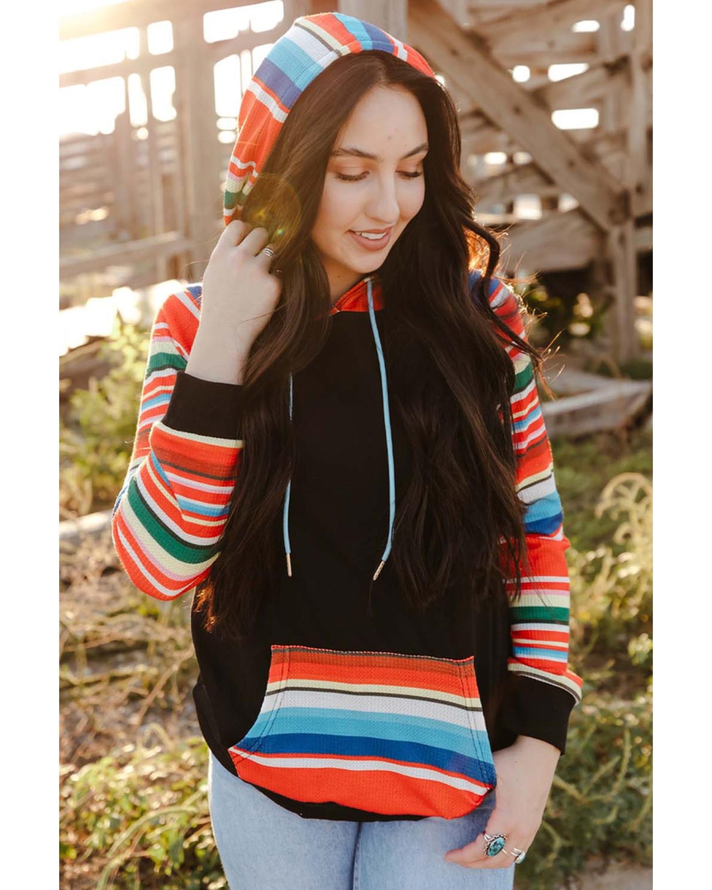 Azura Exchange Striped Patchwork Kangaroo Pocket Hoodie - S