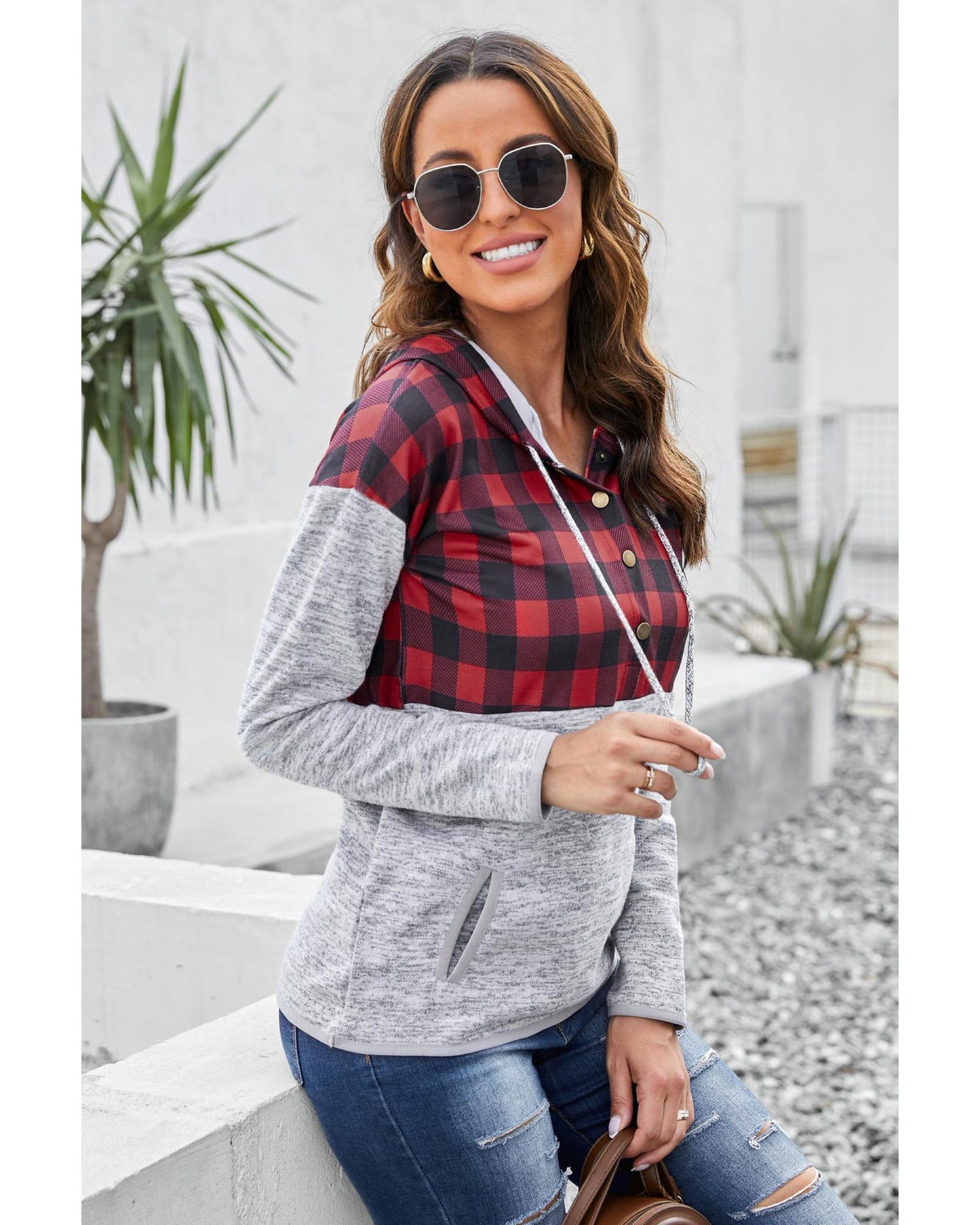 Azura Exchange Plaid Splicing Pocketed Hoodie - L