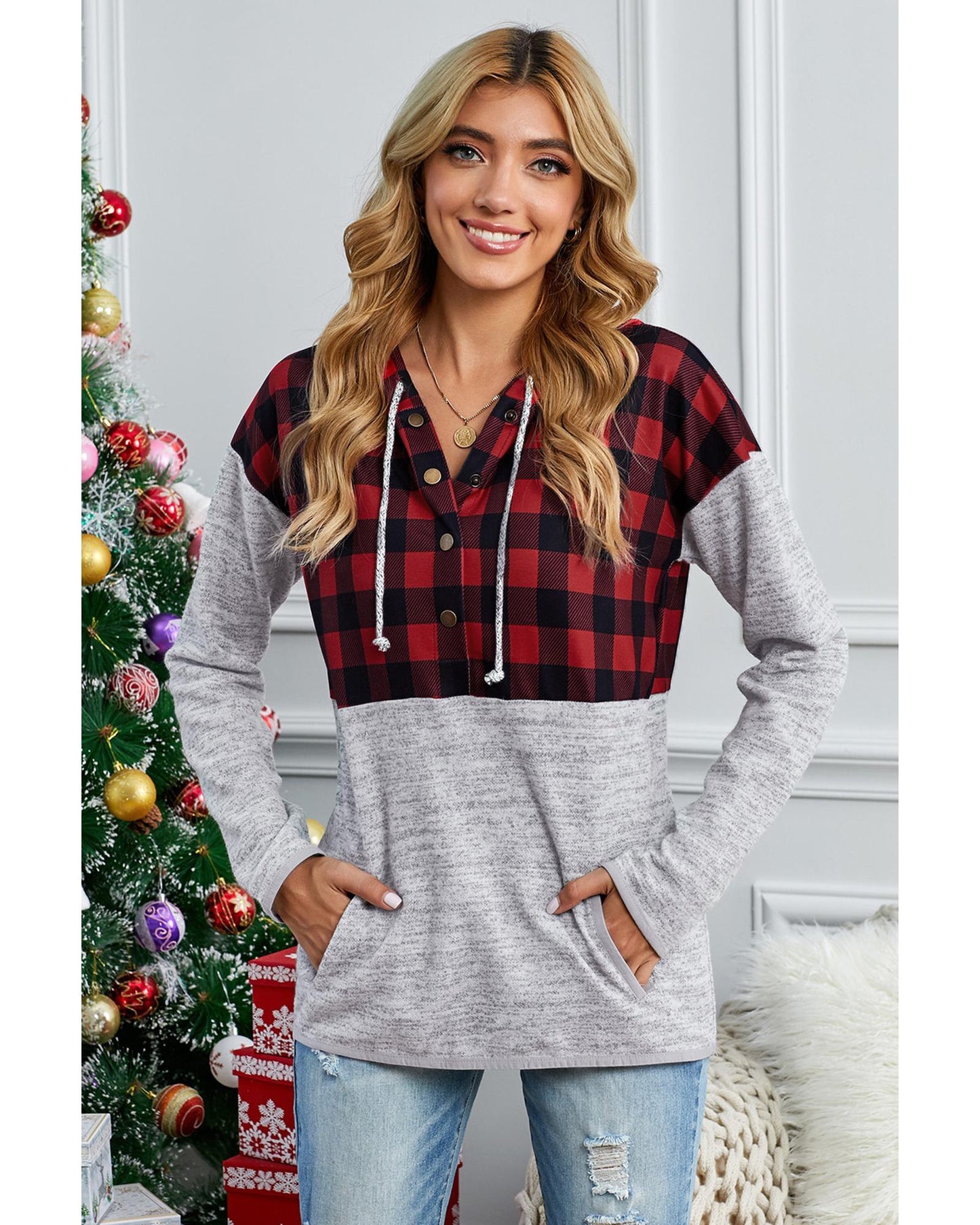 Azura Exchange Plaid Splicing Pocketed Hoodie - L