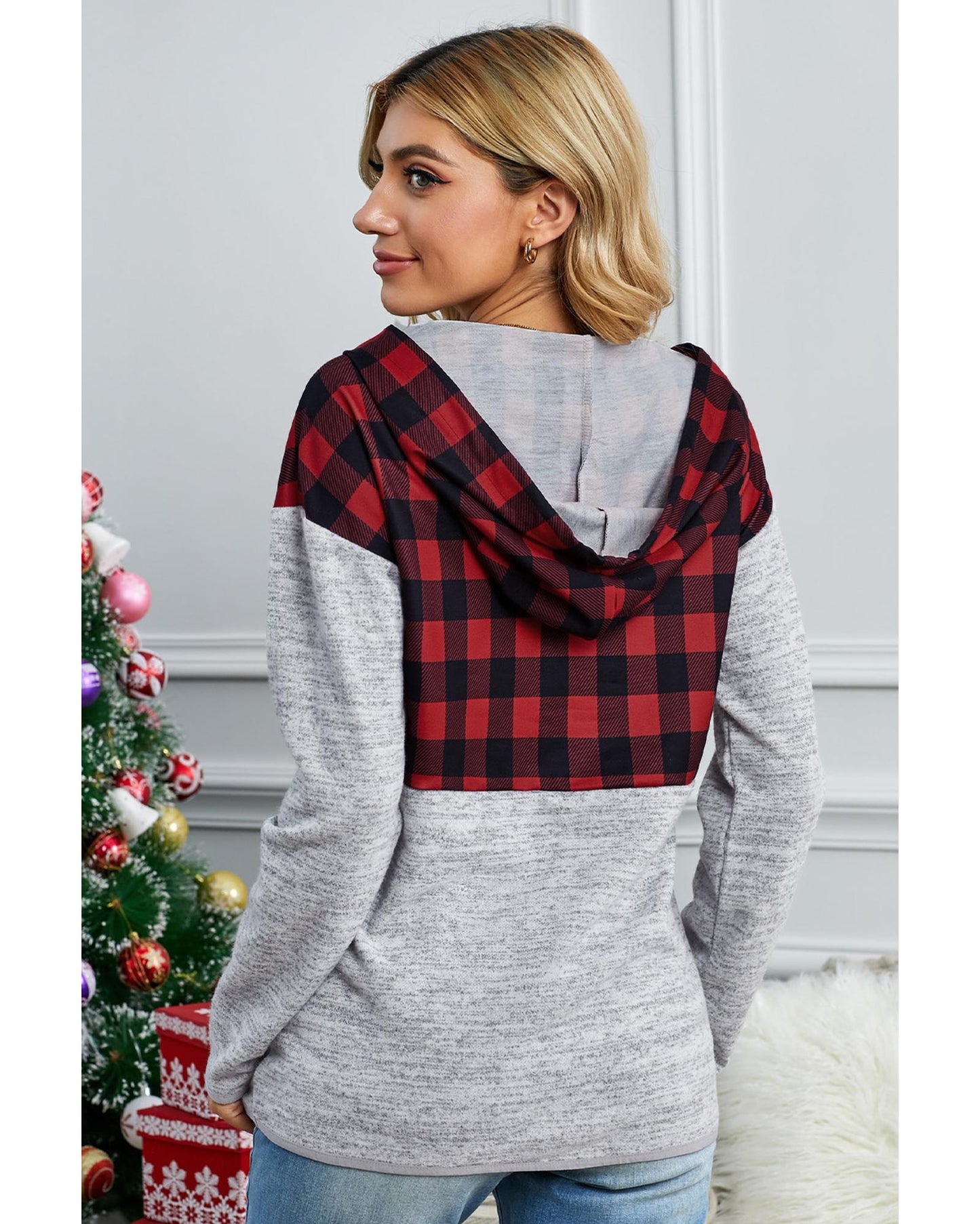 Azura Exchange Plaid Splicing Pocketed Hoodie - L