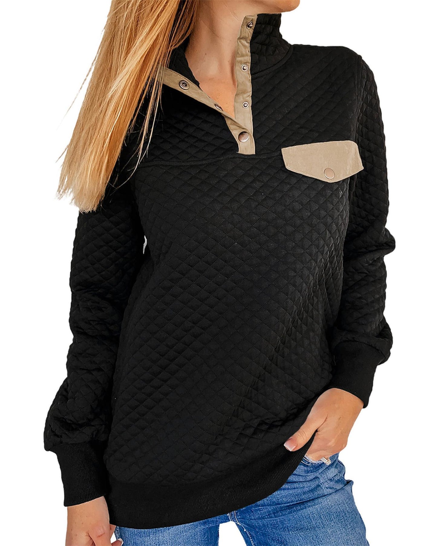 Azura Exchange Quilted Stand Neck Sweatshirt with Fake Front Pocket - S