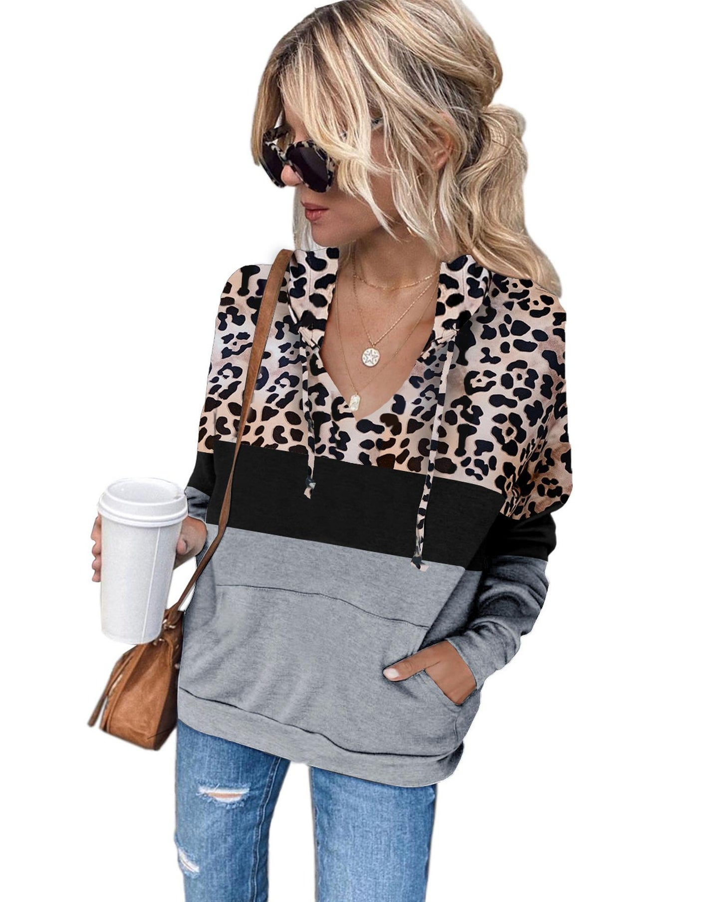 Azura Exchange Leopard Splicing Kangaroo Hoodie - M