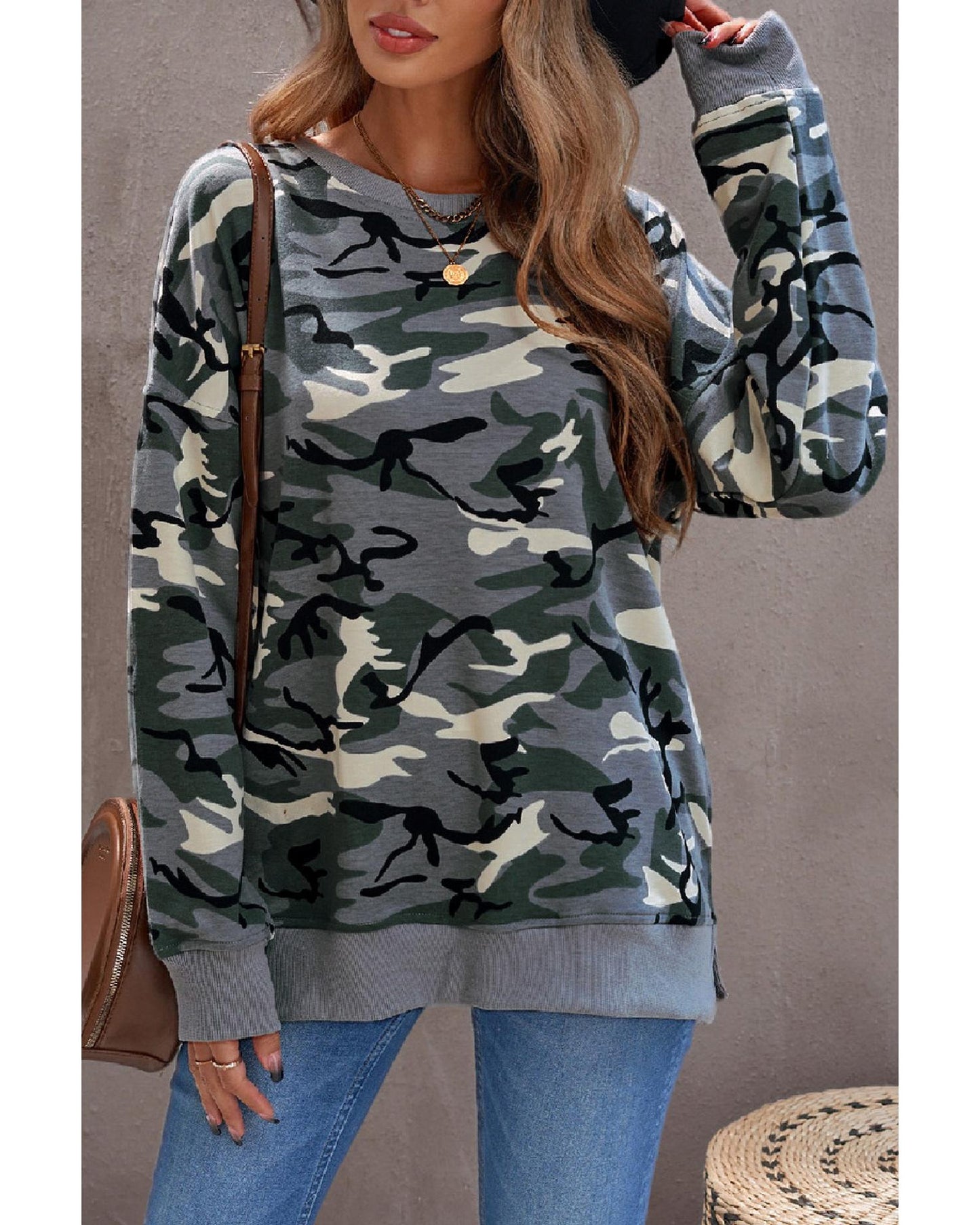 Azura Exchange Camouflage Pullover Sweatshirt with Slits - M