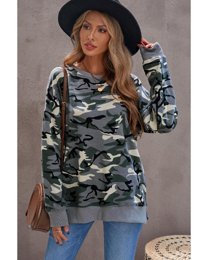 Azura Exchange Camouflage Pullover Sweatshirt with Slits - S