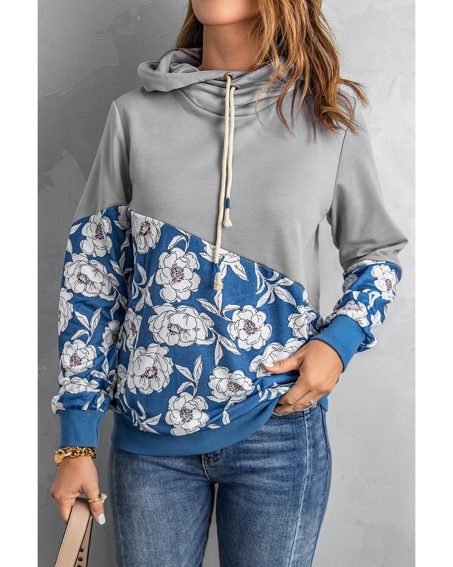 Azura Exchange Floral Splicing Cowl Neck Hoodie - 2XL