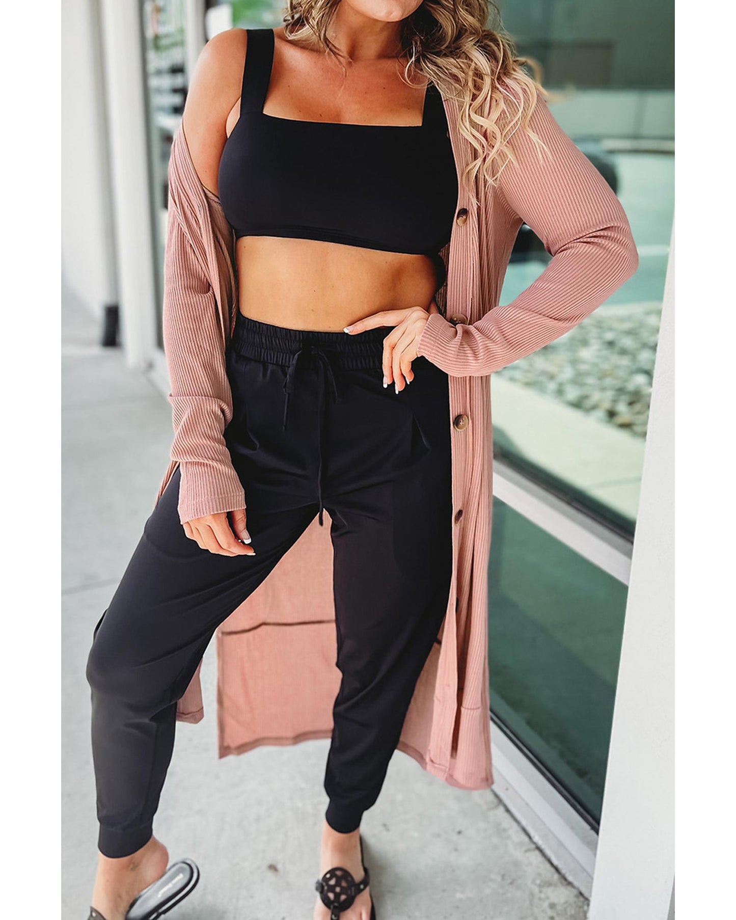 Pink Ribbed Button-Up Split Duster Cardigan - L