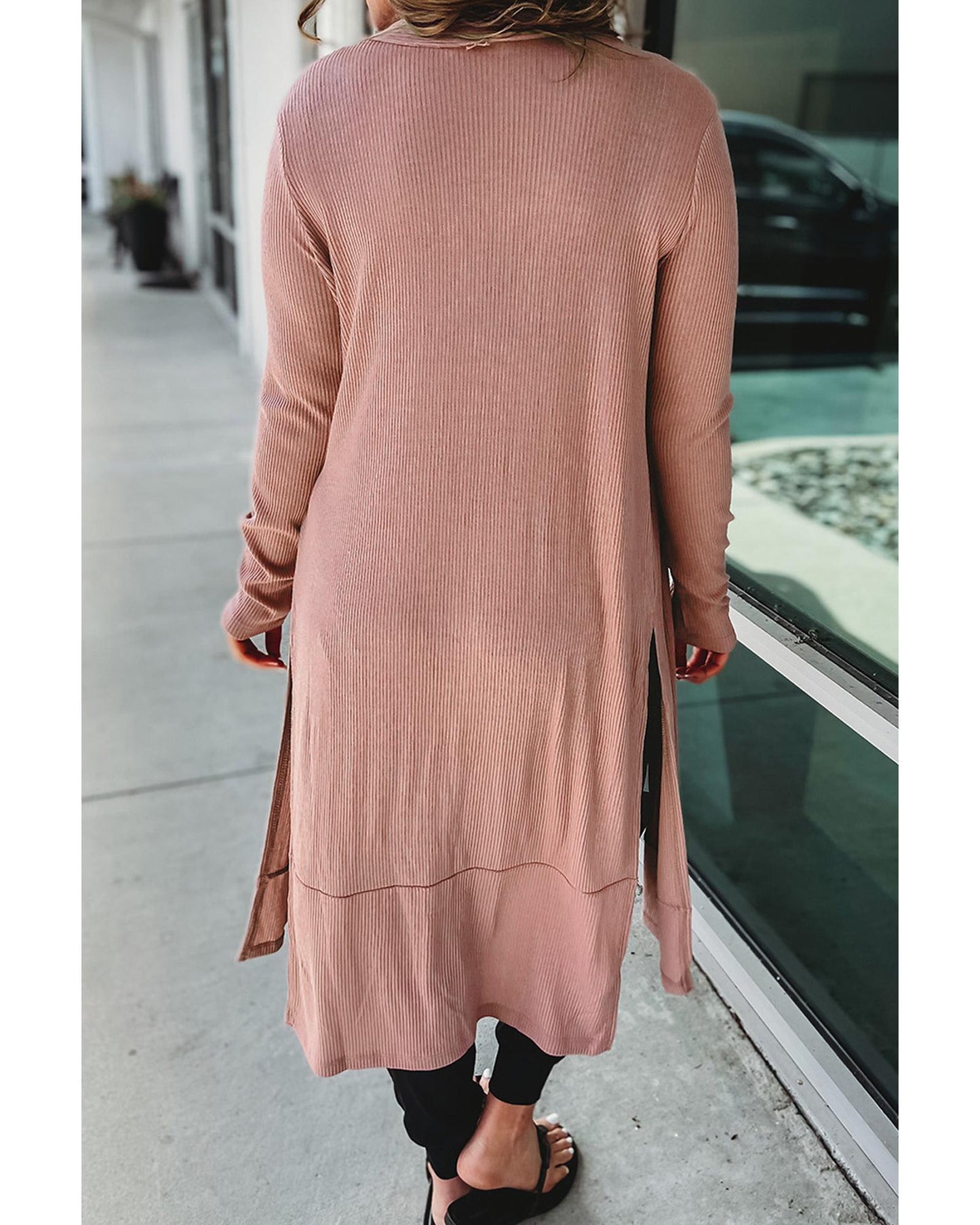 Pink Ribbed Button-Up Split Duster Cardigan - L