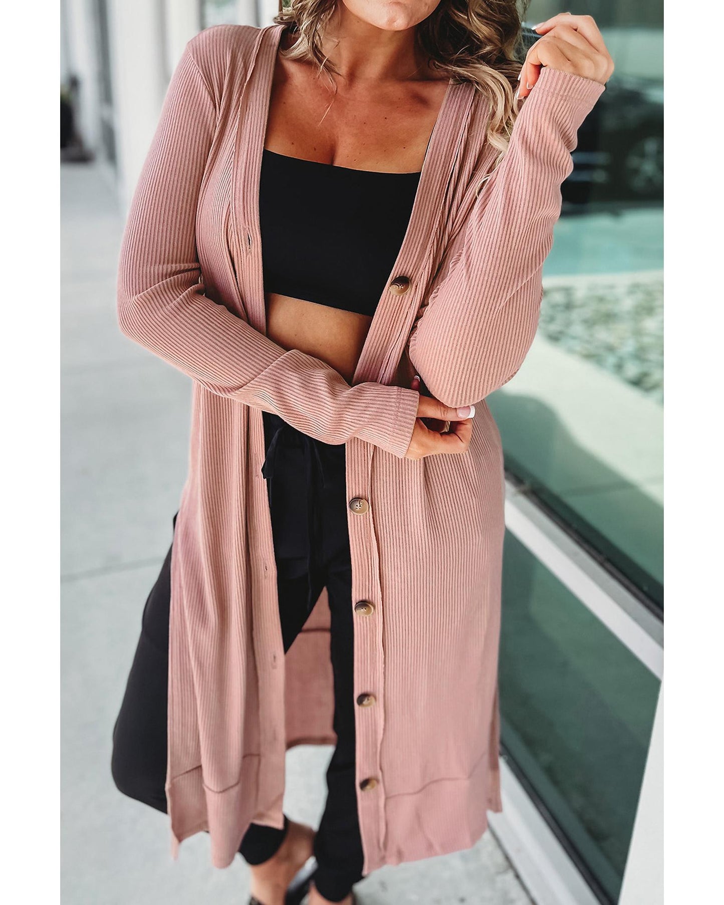 Pink Ribbed Button-Up Split Duster Cardigan - S