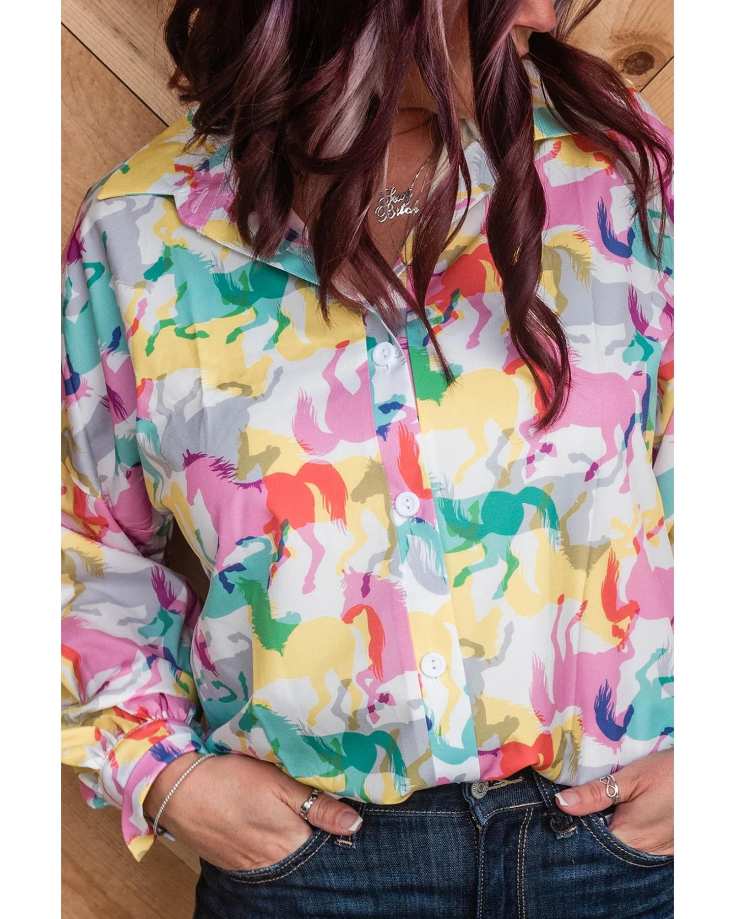 White Colorful Horse Printed Long Sleeve Button Up Casual Shirt - L