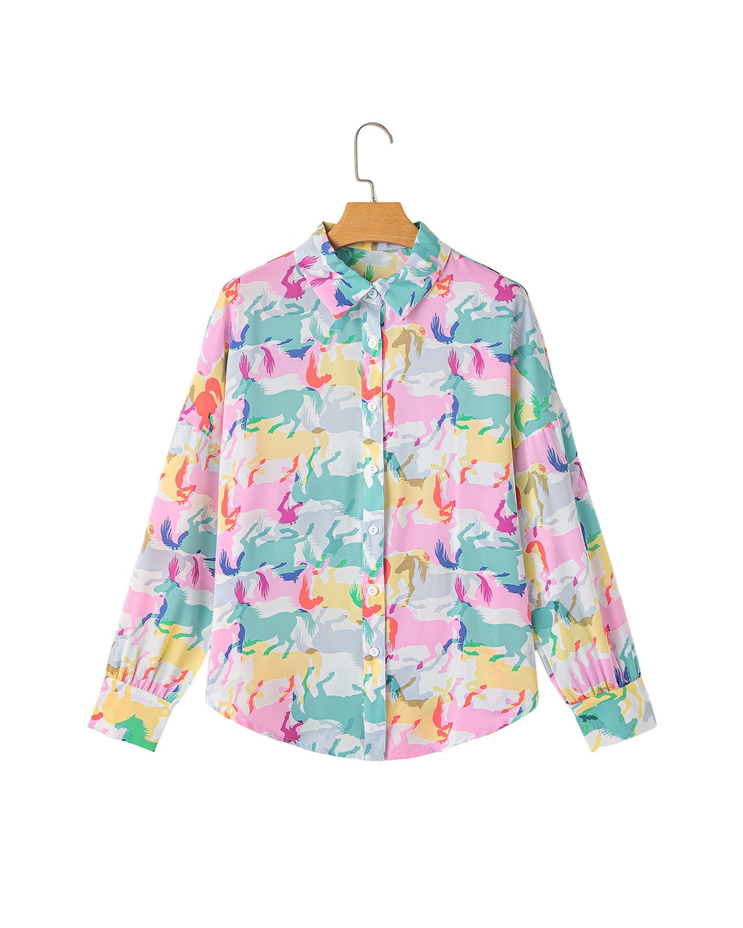 White Colorful Horse Printed Long Sleeve Button Up Casual Shirt - M
