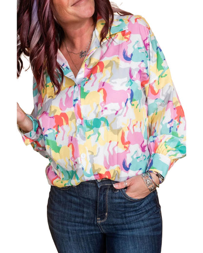 White Colorful Horse Printed Long Sleeve Button Up Casual Shirt - M