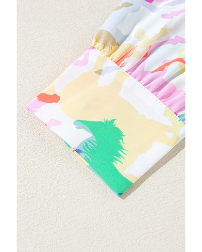 White Colorful Horse Printed Long Sleeve Button Up Casual Shirt - S