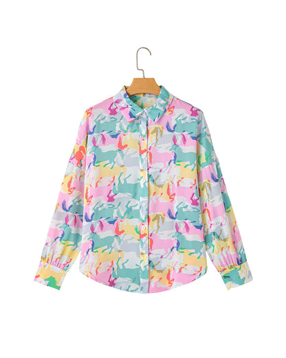 White Colorful Horse Printed Long Sleeve Button Up Casual Shirt - XL
