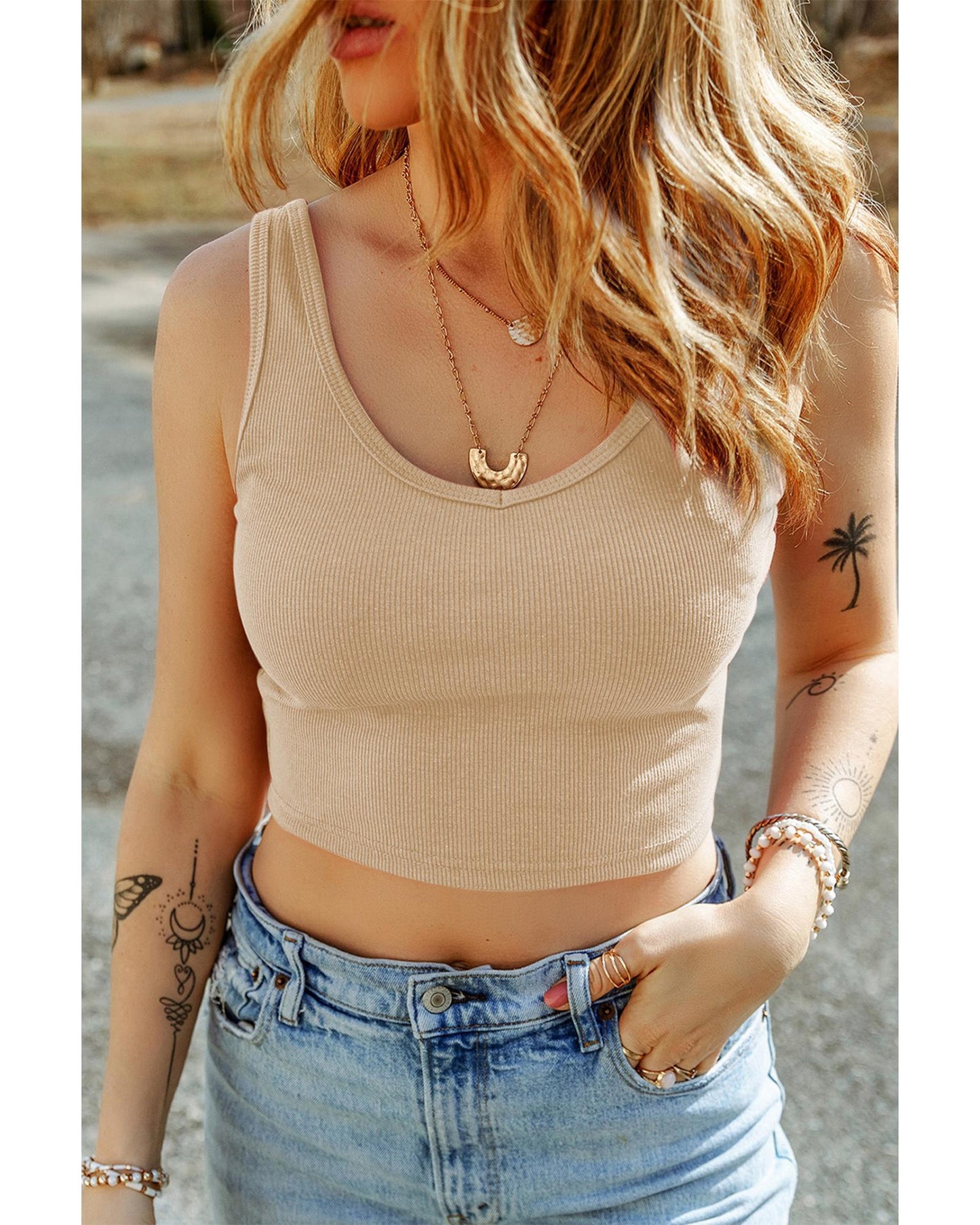 Apricot Ribbed Knit Sheath Sleeveless Crop Top - L